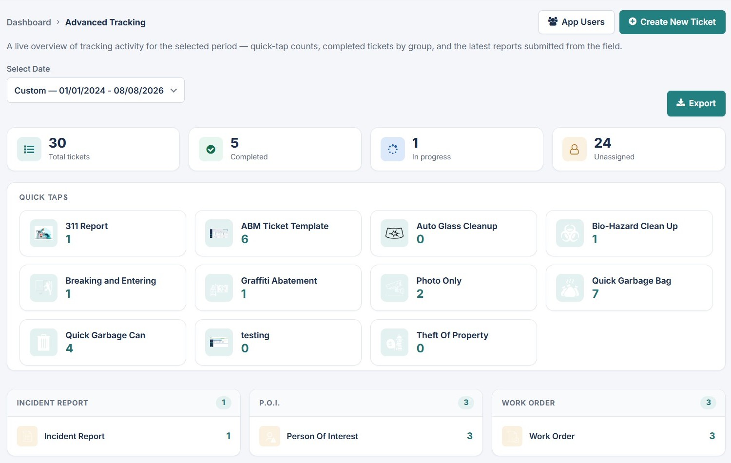 Park Ops Manager Advanced Tracking dashboard with ticket totals, completion status, quick taps, and work orders.