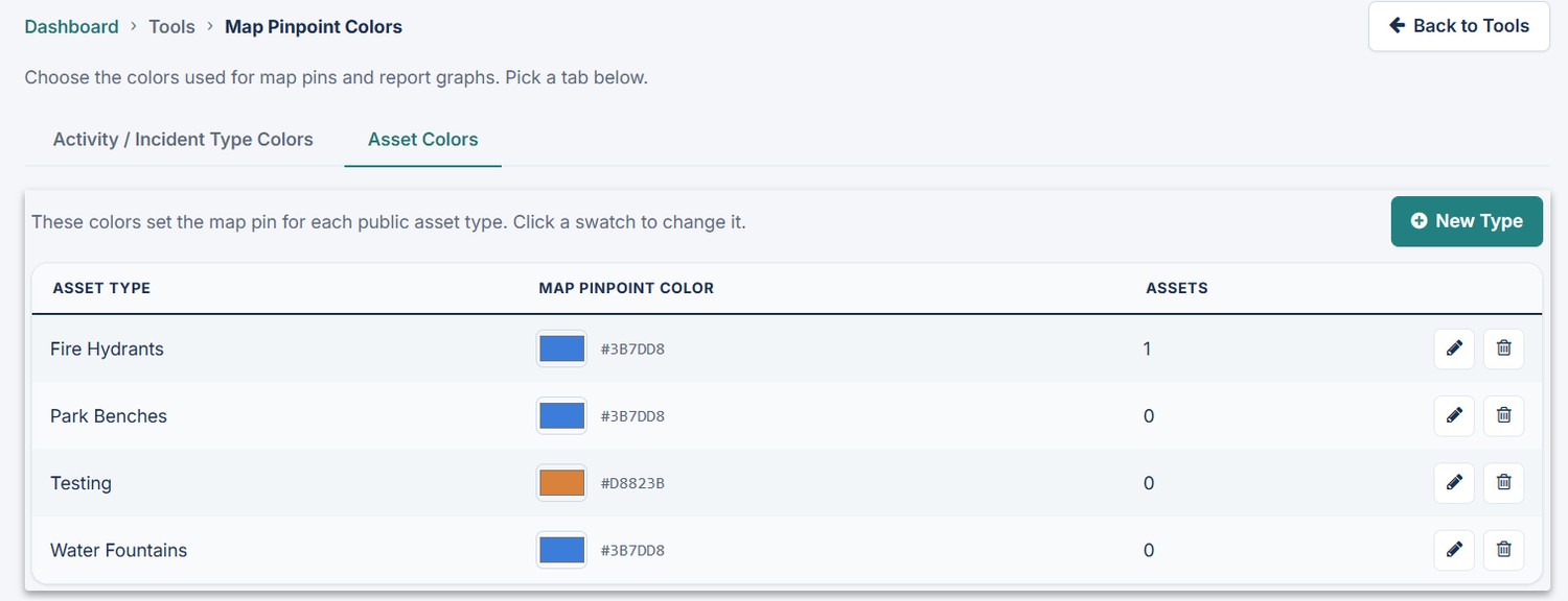 Park Ops Manager tool for customizing park asset map pinpoint colors.