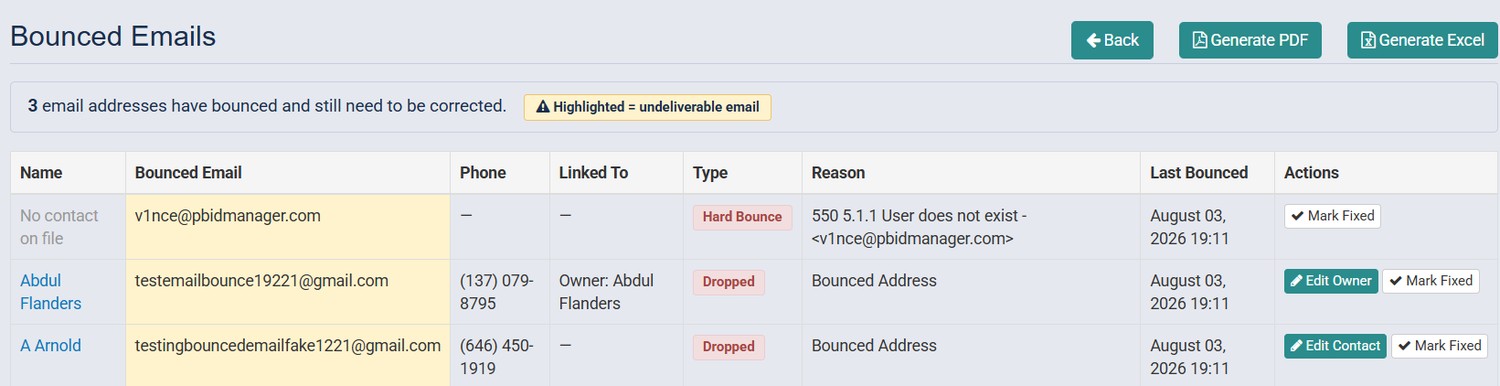 Park Ops Manager bounced email cleanup tool showing bounce reason, linked record, and correction actions.