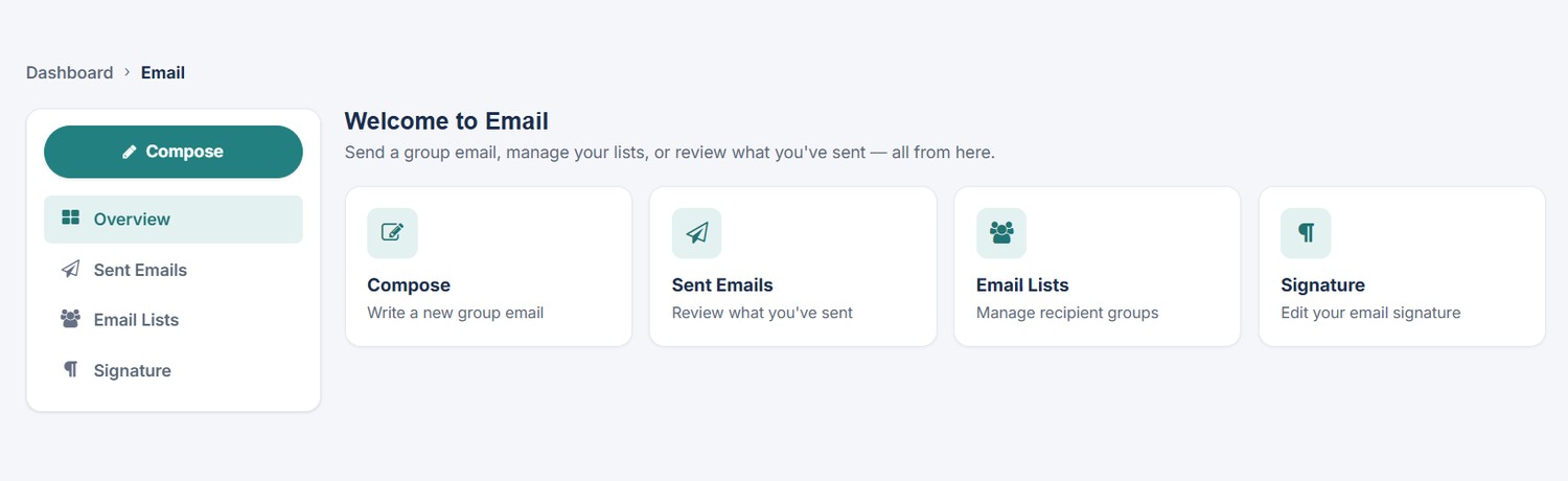 Redesigned Park Ops Manager Email area with Compose, Sent Emails, Email Lists, and Signature.
