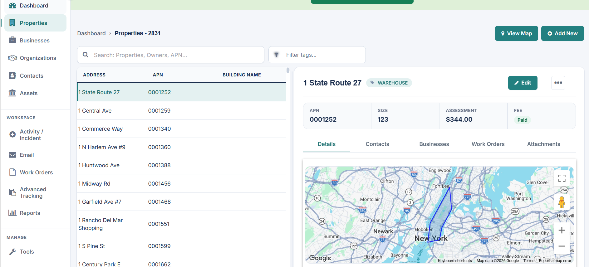 Park Ops Manager interface showing left-side navigation and a location-based workspace.