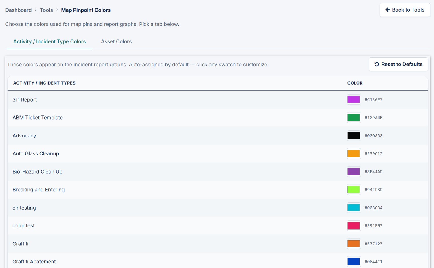 Park Ops Manager tool for customizing incident and activity type colors.