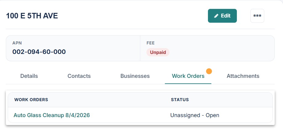 A park record in Park Ops Manager displaying its associated work order and status.